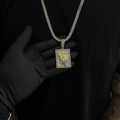 CORRENTE  GRUMET DUPLA  (7mm - 28g  70cm) + PINGENTE PLACA FÉ  COM MÃO CRAVEJADA EM ZIRCÔNIA PREMIUM G - BANHO DE OURO 18k