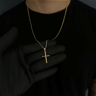CORRENTE GRUMET  (2MM - 50, 60cm ou 70cm) + CRUZ DETALHADA  -  BANHADO A OURO 18k