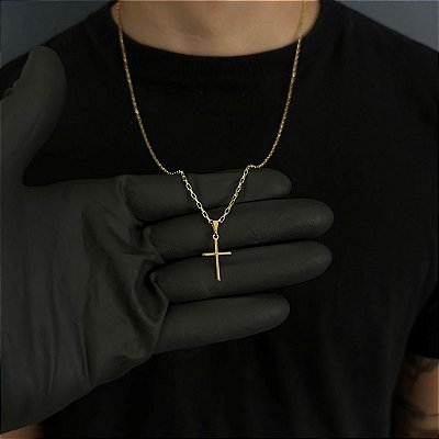 CORRENTE TIJOLINHO  (1.8MM - 50, 60cm ou 70cm) + CRUZ PALITO - BANHADO A OURO 18k