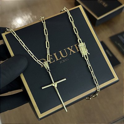 CORRENTE CARTIE (4MM - 50, 60cm ou 70cm) + PINGENTE CRUZ AMARRADA   - BANHADO A OURO 18k