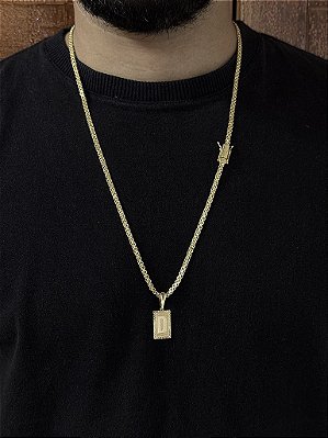 CORRENTE CADEADO DUPLO -  3mm - 70 ou 60cm + PINGENTE PLACA DIAMANTADA 2x1,2cm   ESCOLHA A LETRA - BANHADO A OURO 18k