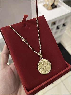 CORRENTE CADEADO (2MM - 50, 60cm ou 70cm) + PINGENTE MEDALHA JESUS  - BANHADO A OURO 18k