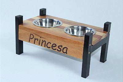 Comedouro personalizado duplo em madeira e metal - PEQUENO