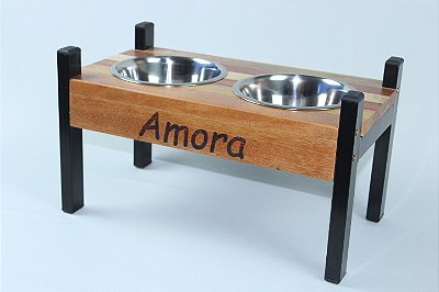 Comedouro personalizado duplo em madeira e metal - MÉDIO