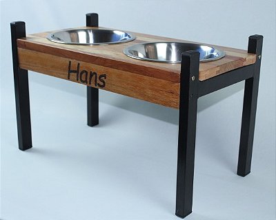 Comedouro personalizado duplo em madeira e metal - GRANDE