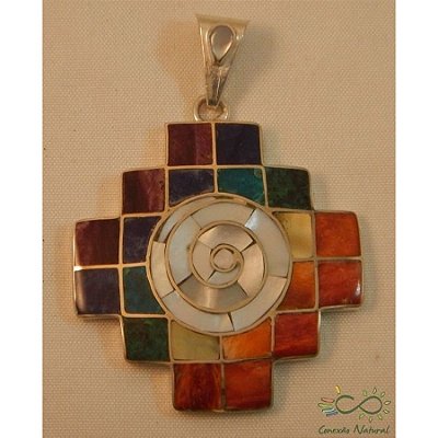 Pingente Cruz Espiral e Quadrados Mágicos Peruanos – Prata, Madrepérola e Pedras Preciosas
