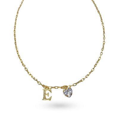 COLAR CHOKER LETRA "E" E PINGENTE CORAÇÃO  RAFAELA FOLHEADO  A OURO 18K.