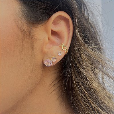 BRINCO TRIO PONTO LUZ ZIRCÔNIA REDONDO ROSA CLARO - 5MM-6MM-8MM - FOLHEADO A OURO 18K.