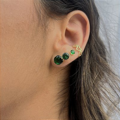 BRINCO  TRIO PONTO DE LUZ ZIRCÔNIA REDONDO -ESMERALDA - 4MM-6MM-8MM - FOLHEADO A OURO 18 K.