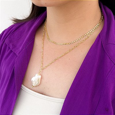 COLAR DUPLO GRUMET E CARTIER LUARA COM PÉROLA BANHADO A OURO 18K.