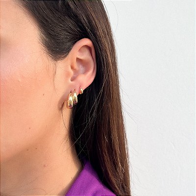 KIT TRIO BRINCO ARGOLA LISA CLICK GORDINHA BANHADO A OURO 18K.