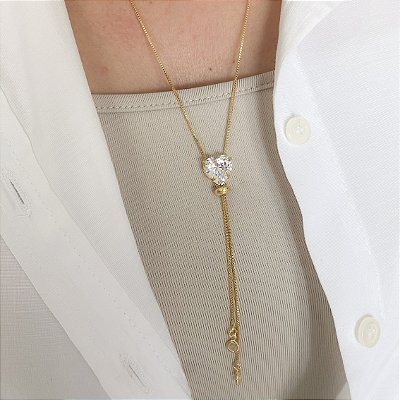 COLAR GRAVATA 70 CM VENEZ 0.8 CORACAO ZIRCONIA 4 MM PONTAS BANHADO A OURO 18K.