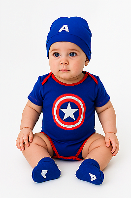 Body para Bebê Manga Curta Capitão America com Gorro e Sapato