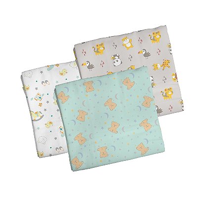Kit Cueiro para Bebê Flanelado Bercinho 1,00x80 Bichinhos 3 Peças