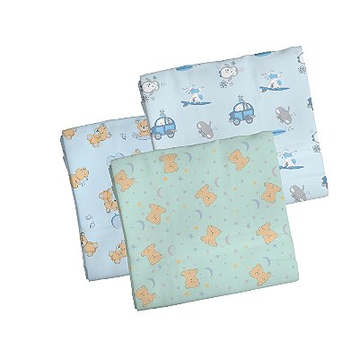 Kit Cueiro para Bebê Flanelado Bercinho 1,00x80 Menino 3 Peças