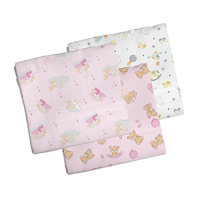 Kit Cueiro para Bebê Flanelado Bercinho 1,00x80 Menina 3 Peças