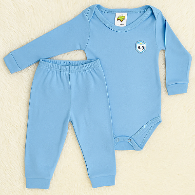 Kit Body e Calça Liso Algodão Com Detalhe em Aplique Azul Bebê