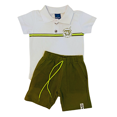 Conjunto Camiseta Gola Polo e Bermuda Moletom com Bolso 01/02/03 Branco