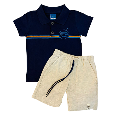 Conjunto Camiseta Gola Polo e Bermuda Moletom com Bolso 01/02/03 Marinho