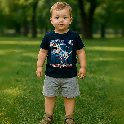 Conjunto Infantil Camiseta Dino e Bermuda 01/02/03 Marinho
