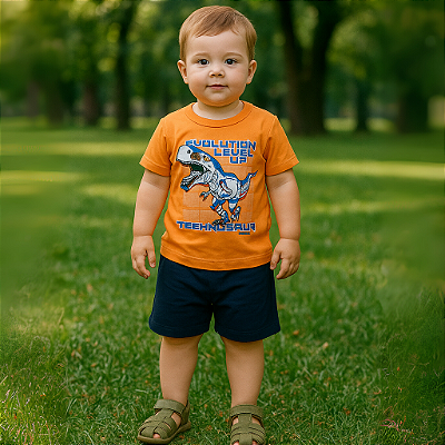 Conjunto Infantil Camiseta Dino e Bermuda 01/02/03 Orange