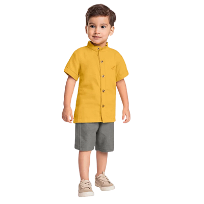 Conjunto Infantil Menino com Camisa e Bermuda - ReiRex - Mostarda 01/02/03