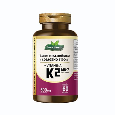 Ácido hialurônico + colágeno tipo ll + vitamina K2 60 cápsulas - Pura Saúde