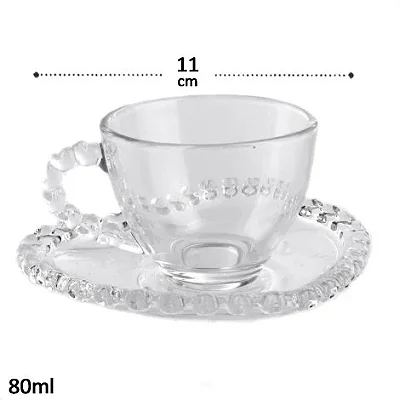 Xícara de Vidro 80ml com Pires Bordas Corações