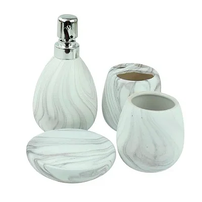 Kit Banheiro Cerâmica 4 Pçs Marmore Branco