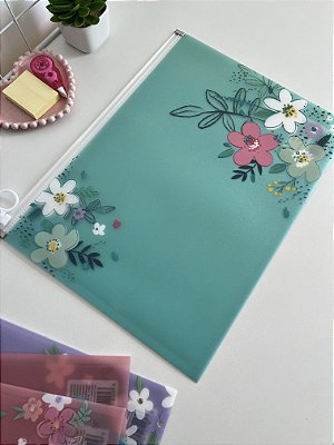 Pasta A4 Flores com Fechamento ZipLock - Verde