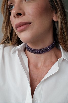 Choker 3 voltas ametista natural mesclada