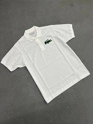 Polo Lacoste Clássico Fit L.12.12 com Emblema(Branca/Verde)