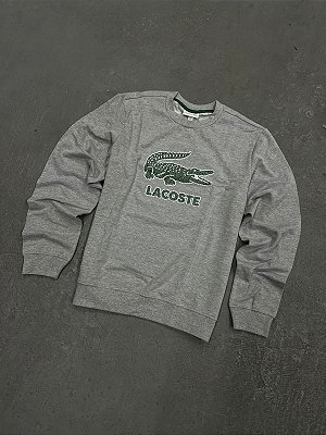 Moletom Lacoste Gola Careca com Crocodilo Craquelado Cinza