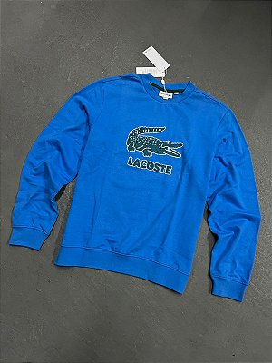 Moletom Lacoste Gola Careca com Crocodilo Craquelado Azul Céu