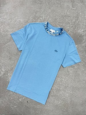 Camiseta Lacoste Piquê Leve com Gola Jacquard (Azul)