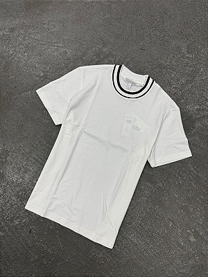 Camiseta Lacoste de Piqué com Gola Listrada em Stretch (Branca)