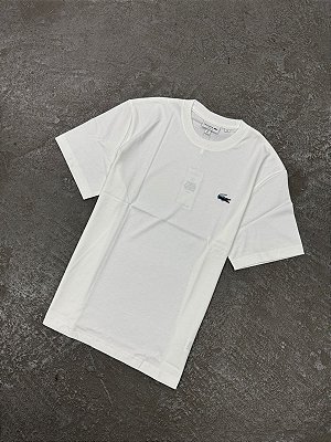 Camiseta Lacoste com Crocodilo de Paisagem de Malha Pesada Branca