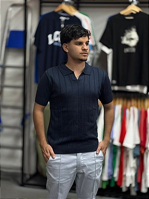 Polo Tricot canelada Azul Marinho