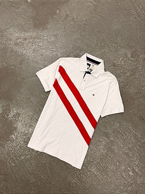 Polo Tommy Hilfiger Listras Transversais (Branca/Vermelha)