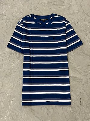 Camiseta Tommy Hilfiger Listrada Slim Fit  (Cinza/Azul Royal/Branco)