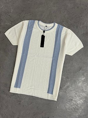 Camiseta Tricot Manga Curta (Off White/Azul )