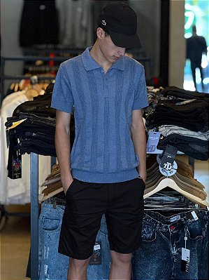 POLO CANELADA PADRÃO ZARA 3 BOTÕES AZUL