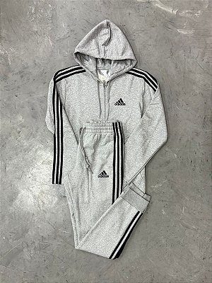 Conjunto Moletom Adidas Essentials Fleece 3 Listras (Cinza)