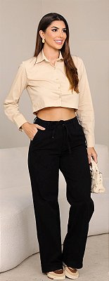 Calça Sarja Wide Leg c/ Cordão e Bolso Faca-Marca Revanche-Cor Preta