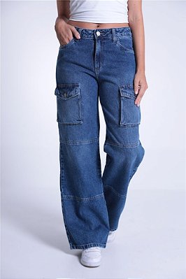 Calça Jeans Wide Leg Bolso Cargo Com Recorte Revanche