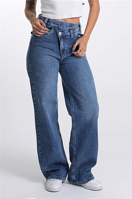 Calça Wide Leg Jeans Cós Transpassado Revanche