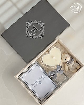 Caixa convite para padrinhos - Tampa de vidro bronze - Porta retratos, aromatizador, vela e chaveiro ursinho