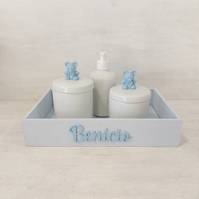 Kit higiene 3 peças e bandeja retangular em MDF