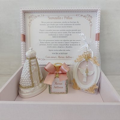 Caixa convite para padrinhos – N. S. Aparecida, aromatizador e moldura