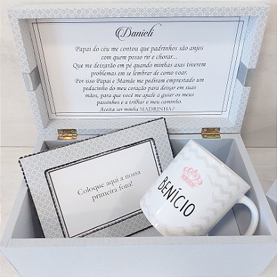 Caixa convite para padrinhos – caneca personalizada e porta retratos